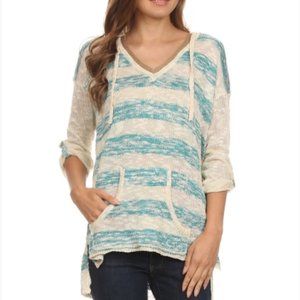 Striped 3/4 sleeve hoodie sweater in teal and cream.